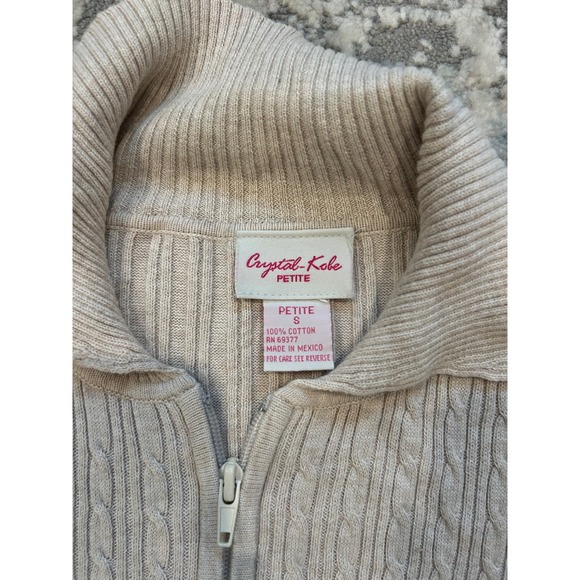 Y2K biege cotton cable knit‎ longsleeve zip up collard sweater cardigan S - Picture 3 of 5